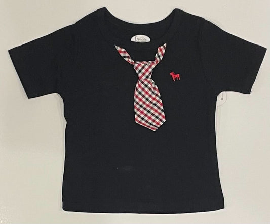 BLACK TEE WITH RED WHITE BLACK CHECK TIE