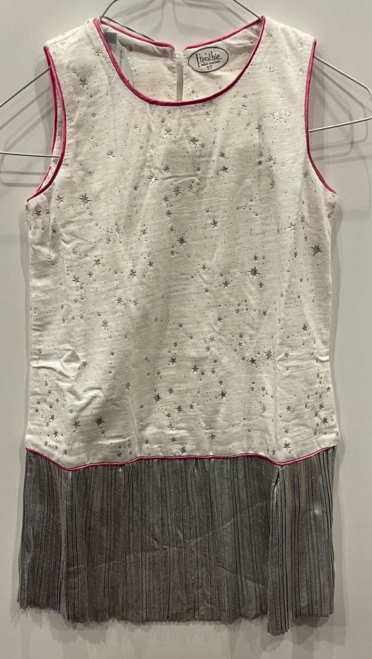 WHITE AND SILVER STAR DRESS WITH PINK TRIM