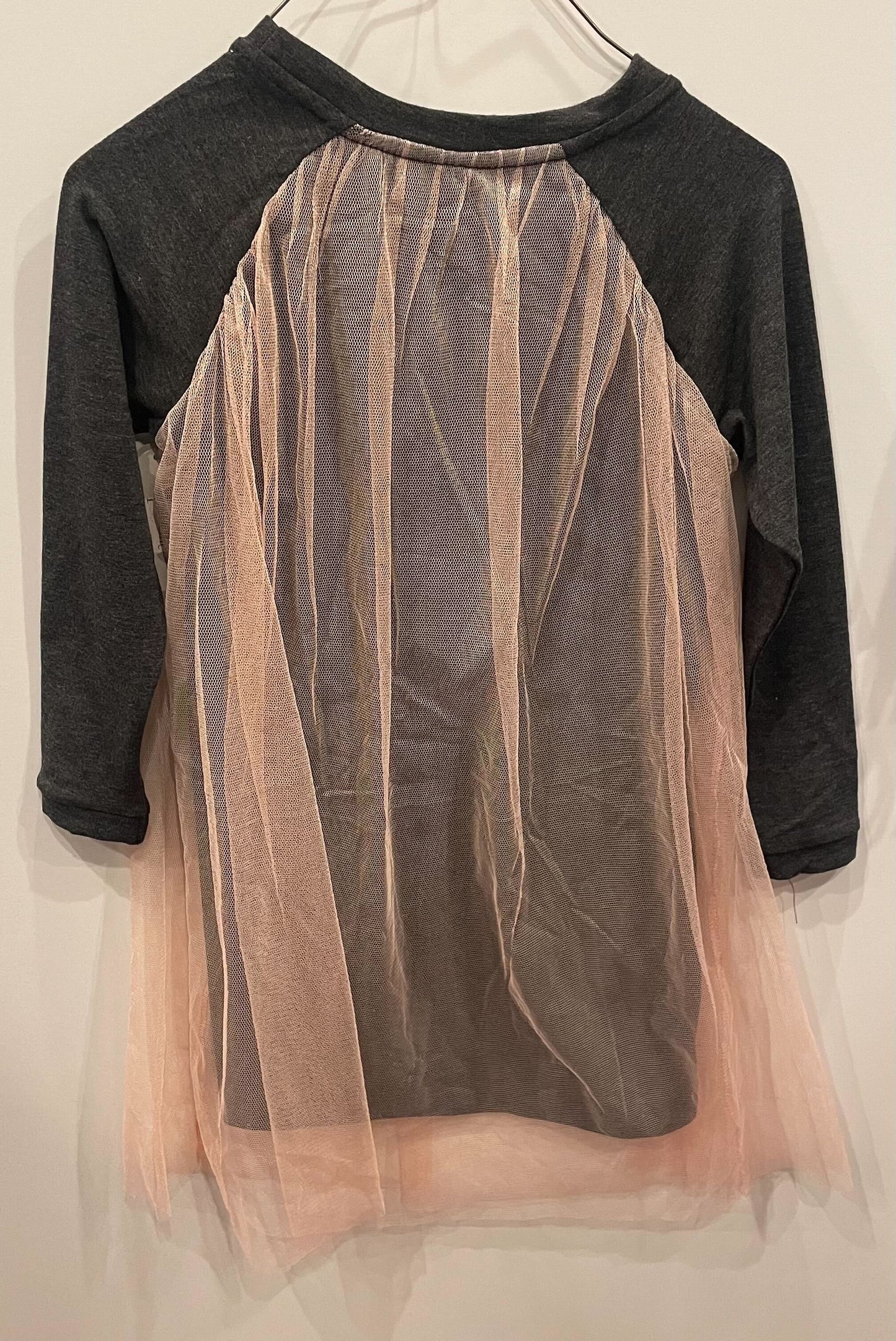 DARK GRAY LONG SLEEVE DRESS W/ PINK NETTING OVERLAY