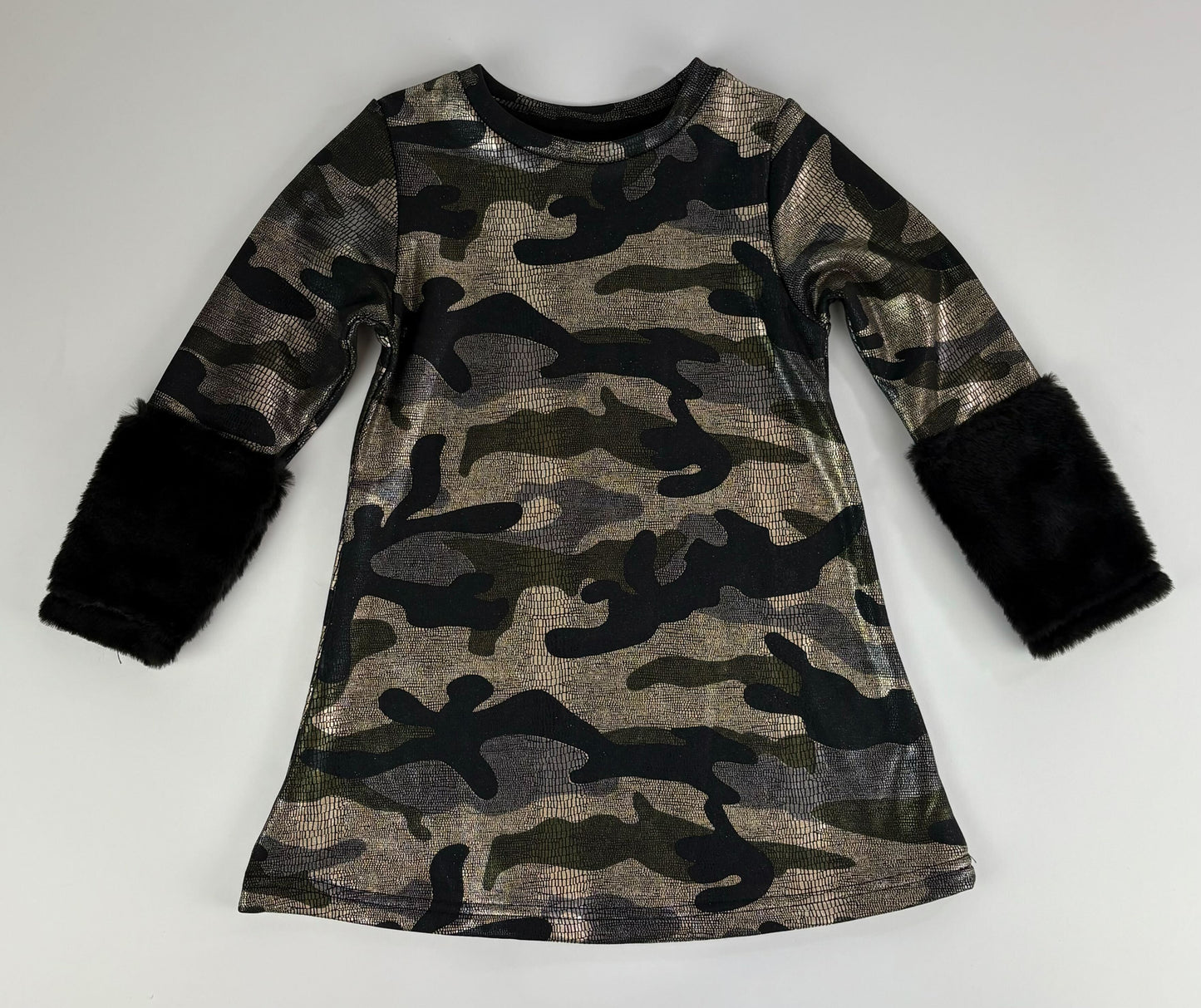 SNAKE SKIN GOLD GREEN BLACK CAMO DRESS WITH FUR SLEEVES