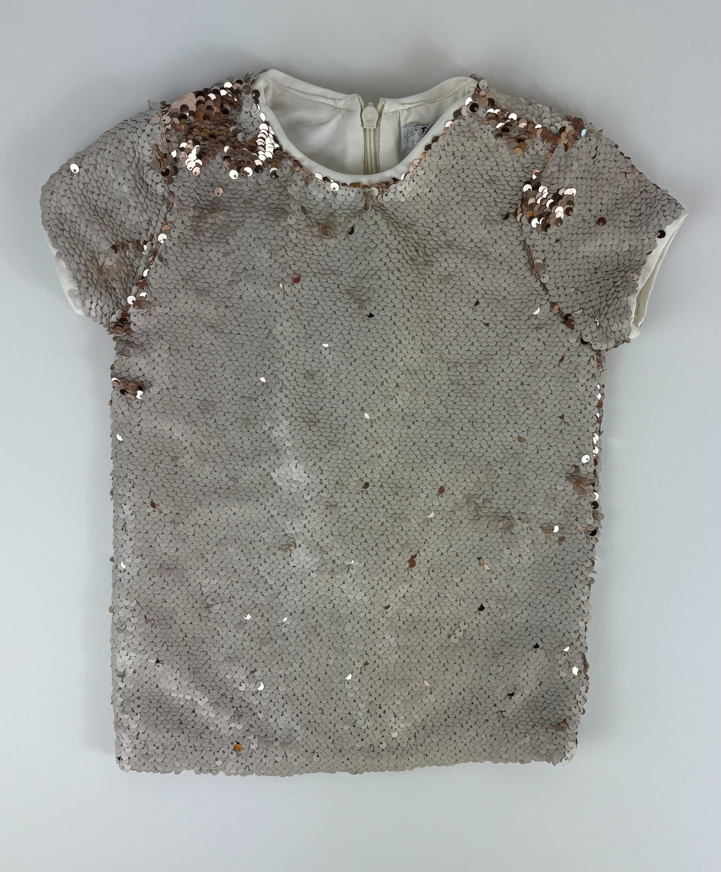 OFF WHITE AND COPPER SHORT SLEEVE SEQUIN DRESS