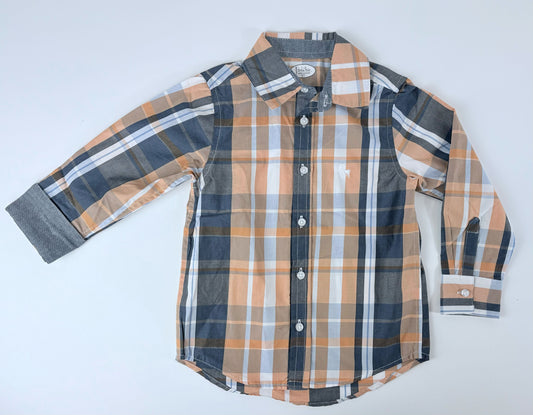 DARK BLUE LIGHT ORANGE PLAID BUTTON UP