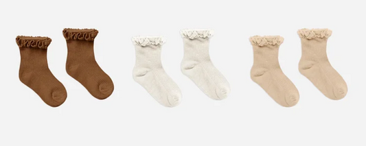 RUFFLE SOCKS, 3 PACK || CHOCOLATE, IVORY, SHELL