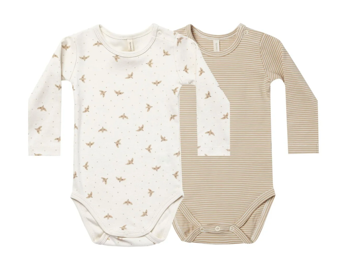 JERSEY BODYSUIT, 2-PACK || DOVES, LATTE MICRO STRIPE