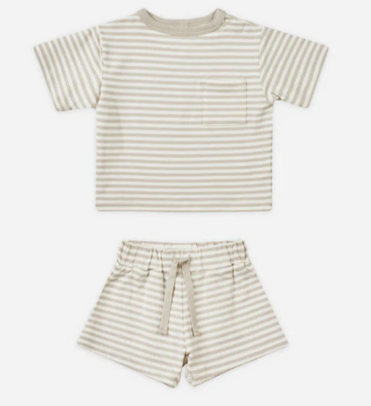 boxy pocket tee + short set || ash stripe