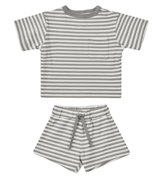 boxy pocket tee + short set || lagoon stripe