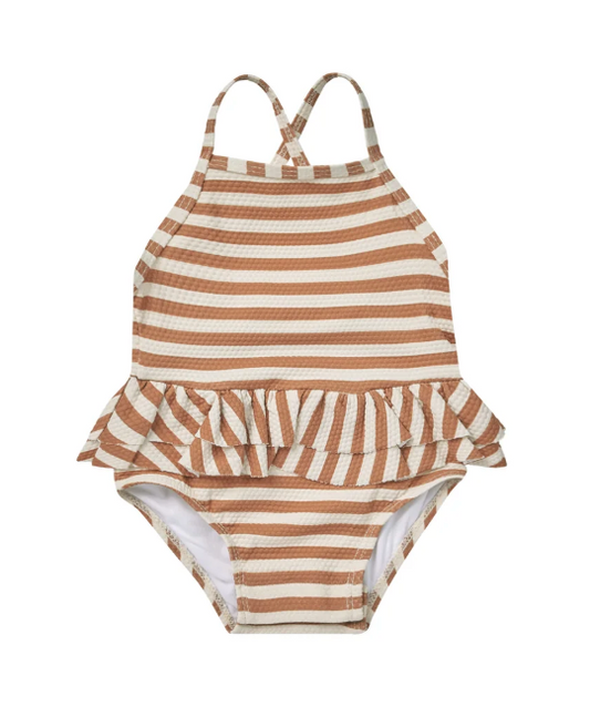 ruffled one-piece swimsuit || clay stripe