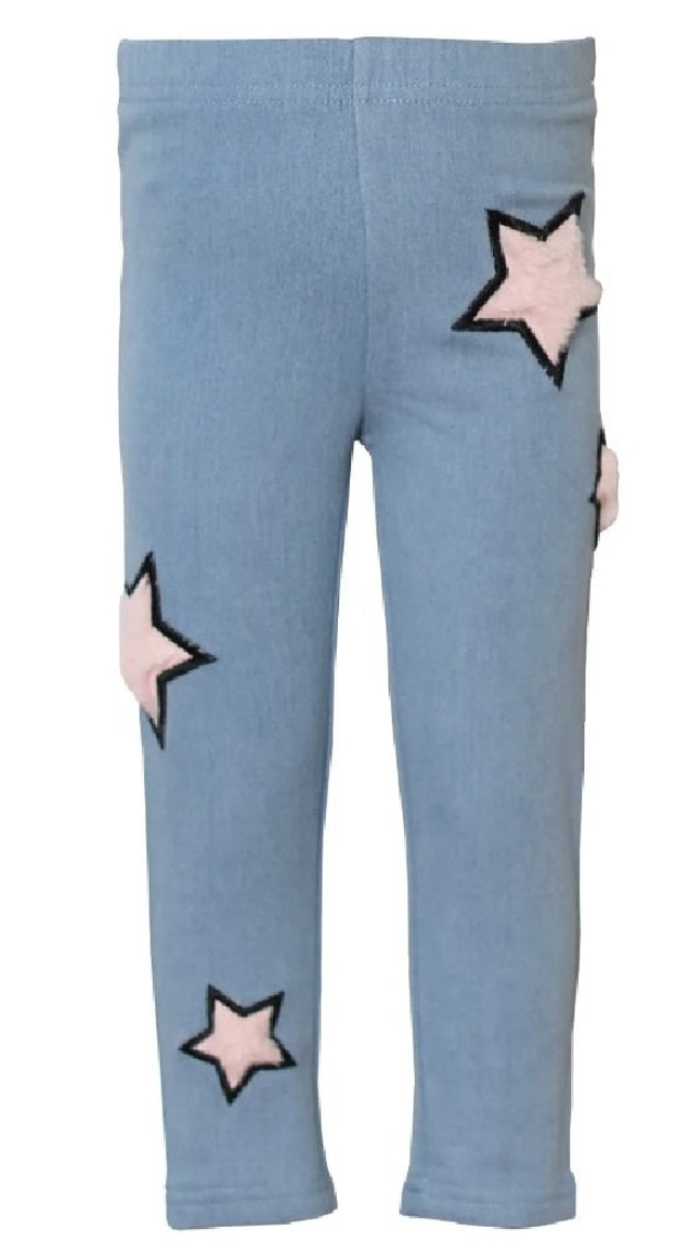 Girls Faux Denim with Star Fur Patch Legging