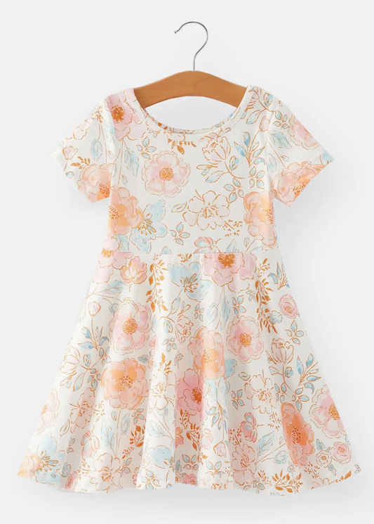 Spring and Summer Floral Print Milk Silk Girls Dress