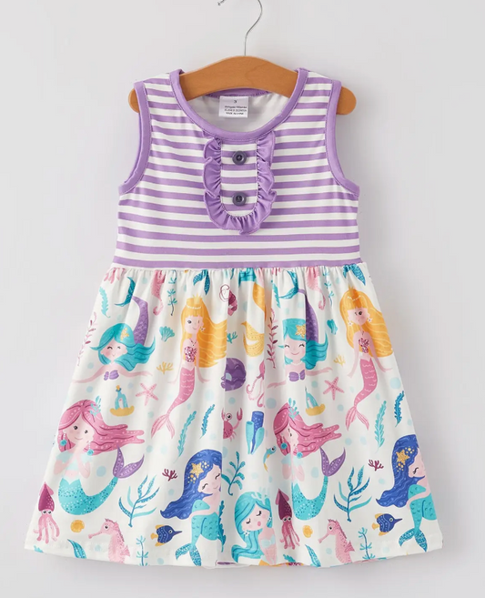 Mermaid Print Striped Girls Dress