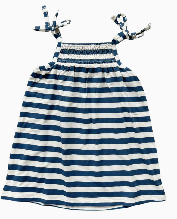 Girl's Smocked Summer Dress - Naval Stripe