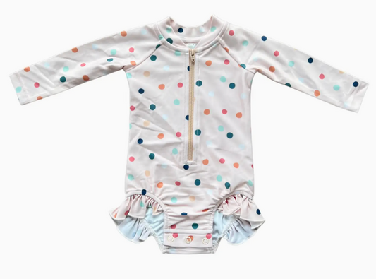 Girl's One-Piece Ruffle Rash Guard - Summer Polka Dots