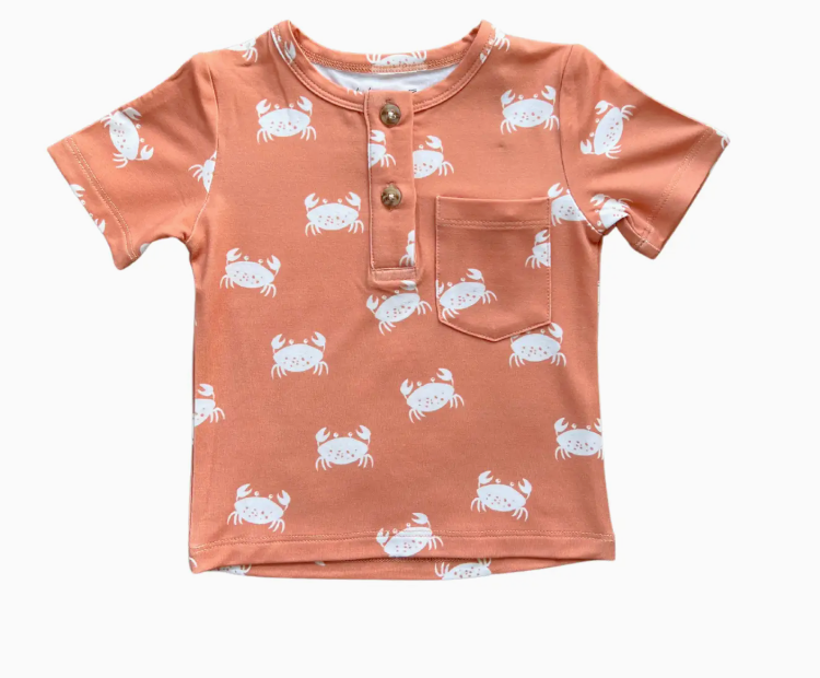 Boy's Short Sleeve Henley Shirt - Crab Sunset