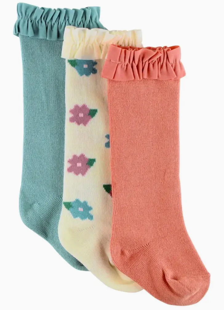 Girls Antique Blue 3-Pack Knee High Ruffle Socks
