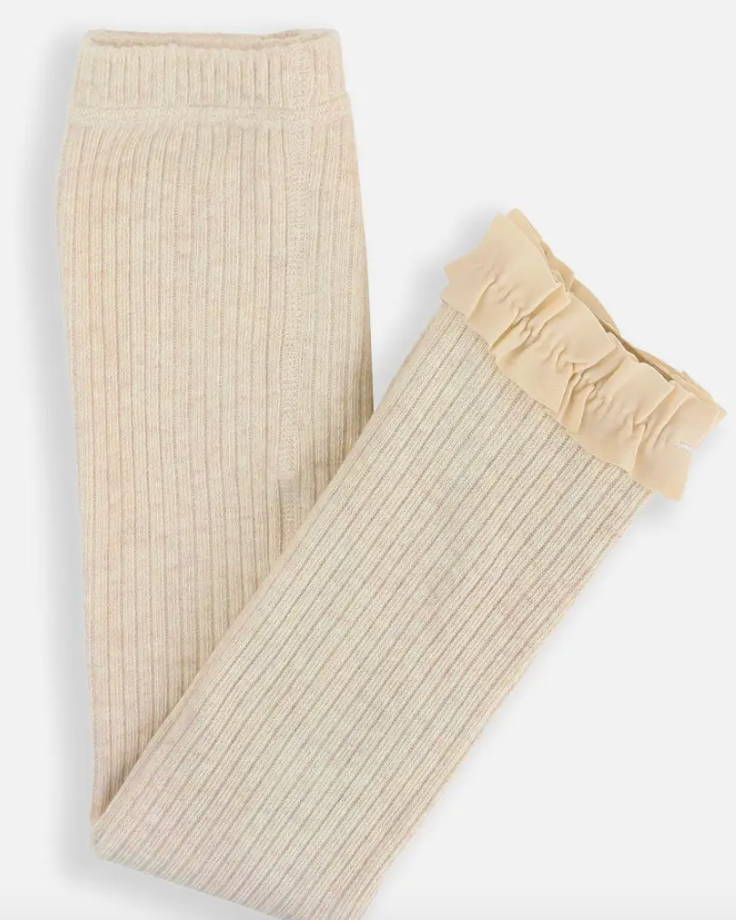 Girls Oatmeal Rib Knit Footless Ruffled Tights