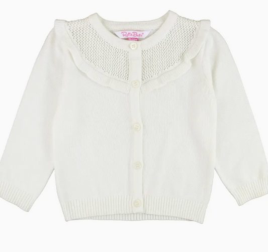 Girls Off-White Sweater Knit Ruffle Trim Cardigan