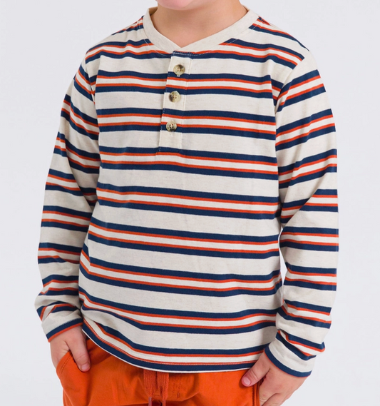 Boys Heather Oatmeal & Rust Stripe Knit Long Sleeve Henley Tee