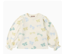 Lena Ribbon Print Ruffled Cuff Fleeced T-Shirt