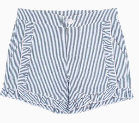 Girls Blue Seersucker Ruffle Trim Woven Shorts | Blue / 8