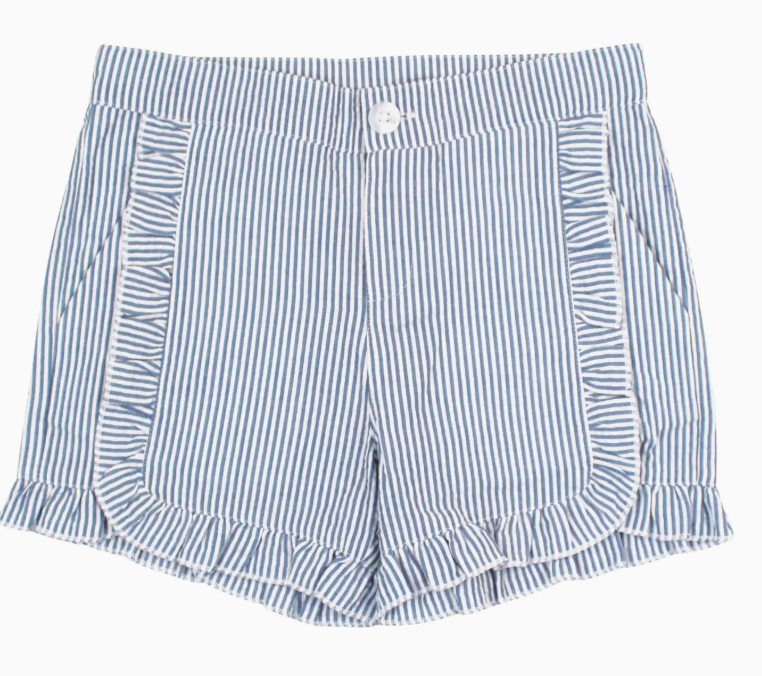 Girls Blue Seersucker Ruffle Trim Woven Shorts | Blue / 6