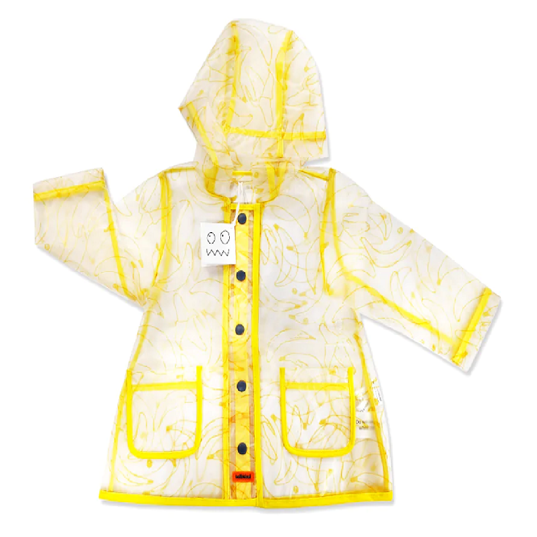 see through rain coat with banana print and yellow trim